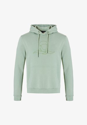 Mintgroene hoodie van zacht materiaal, met een voorste kangoeroezak, een verstelbare trekkoordkap en een subtiele logoontwerp op de borst.