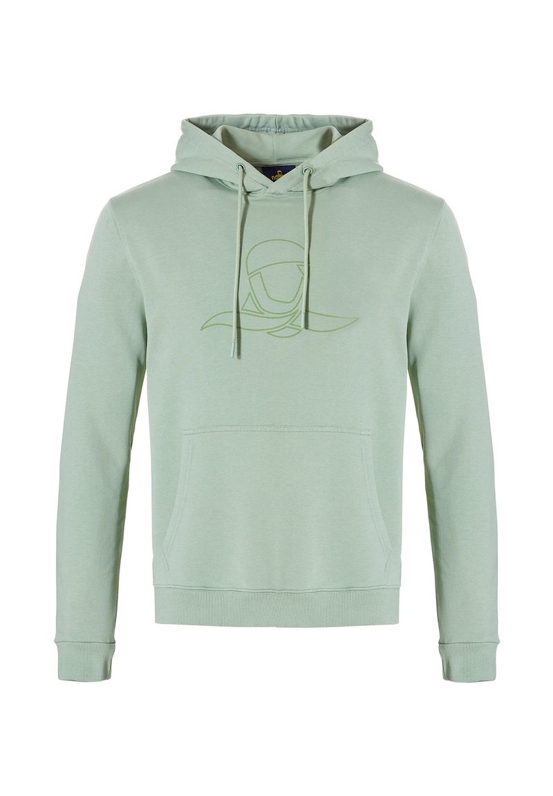 Mintgroene hoodie van zacht materiaal, met een voorste kangoeroezak, een verstelbare trekkoordkap en een subtiele logoontwerp op de borst.
