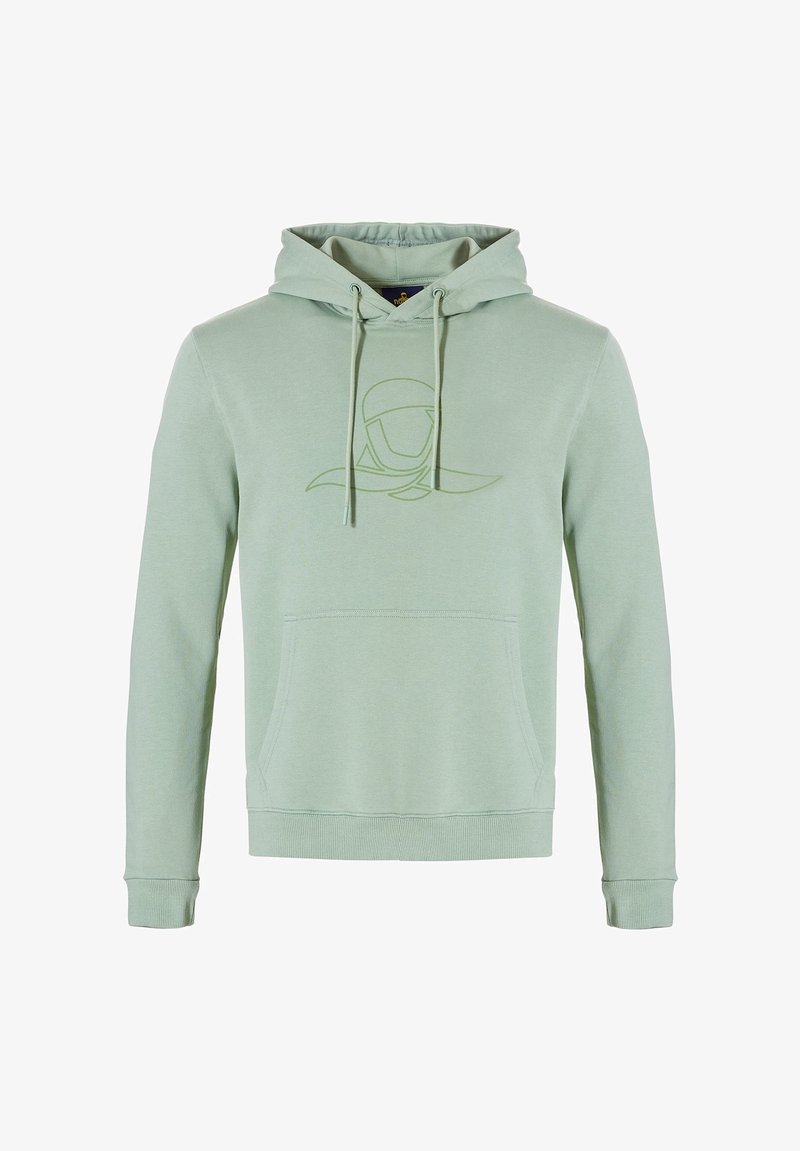 Mintgroene hoodie van zacht materiaal, met een voorste kangoeroezak, een verstelbare trekkoordkap en een subtiele logoontwerp op de borst.
