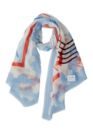 Lichtgewicht sjaal met rode, blauwe en zwarte geometrische patronen en een klein wit label met de tekst "OFF - DUTY oui" op een witte achtergrond.