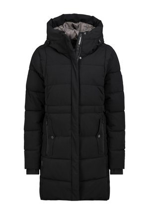 Schwarzer gepolsterter Wintermantel mit Kapuze, Frontreißverschluss, Druckknöpfen und Reißverschlusstaschen, für kaltes Wetter konzipiert.