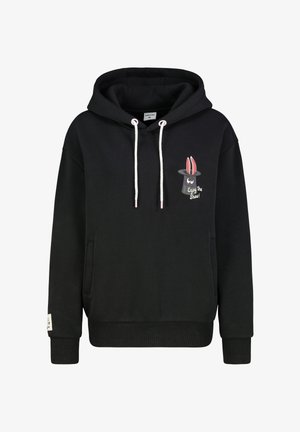 Schwarzer Hoodie aus weichem Stoff mit vorderer Tasche. Mit einem Motiv eines Zaubererhuts und eines Hasen mit roten Ohren. Weiße Zugkordeln.