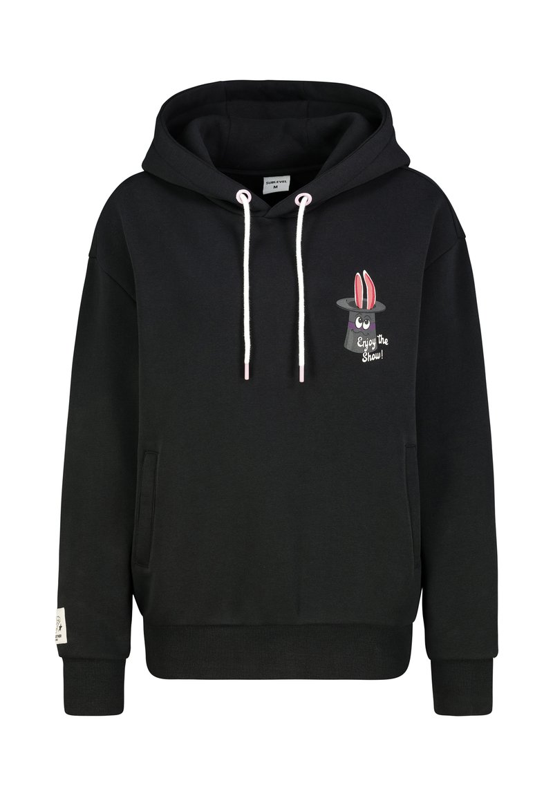 Black hoodie in soft fabric with a front pocket. Features a graphic of a magician’s hat and a rabbit with red ears. White drawstrings.