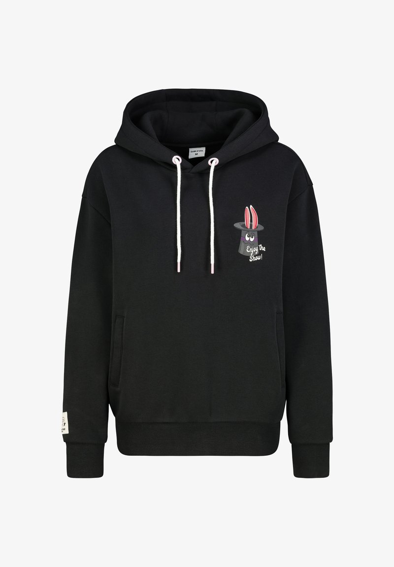 Schwarzer Hoodie aus weichem Stoff mit vorderer Tasche. Mit einem Motiv eines Zaubererhuts und eines Hasen mit roten Ohren. Weiße Zugkordeln.