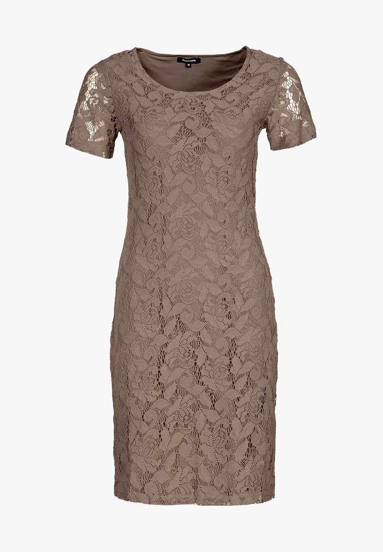 Tan lace dress with short sleeves, scoop neckline, floral patterns, fitted shape, and above-knee length. The textile has a sheer, textured appearance.