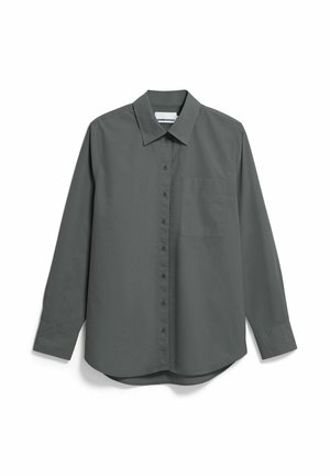 Donkergrijs overhemd met lange mouwen, knoopsluiting, een spitse kraag en een borstzak aan de linkerkant.