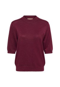 Burgundská pletená jumper s okrúhlym výstrihom, krátkymi rukávmi a textúrovaným povrchom. Hladká tkanina s jemným leskom.