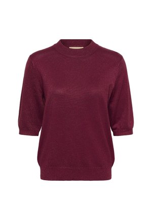 Bordo pleteni pulover s okruglim izrezom, kratkim rukavima i teksturiranim završetkom. Glatka tkanina s blagim sjajem.