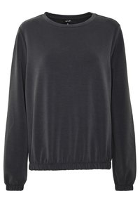 Felpa grigia scura a maniche lunghe con colletto rotondo, polsini e orlo elasticizzati. Texture liscia con una vestibilità comoda.