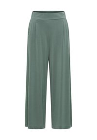 Pantalons larges vert clair avec une taille haute, fabriqués dans un tissu doux, comportant des plis avant subtils et sans éléments de quincaillerie visibles.