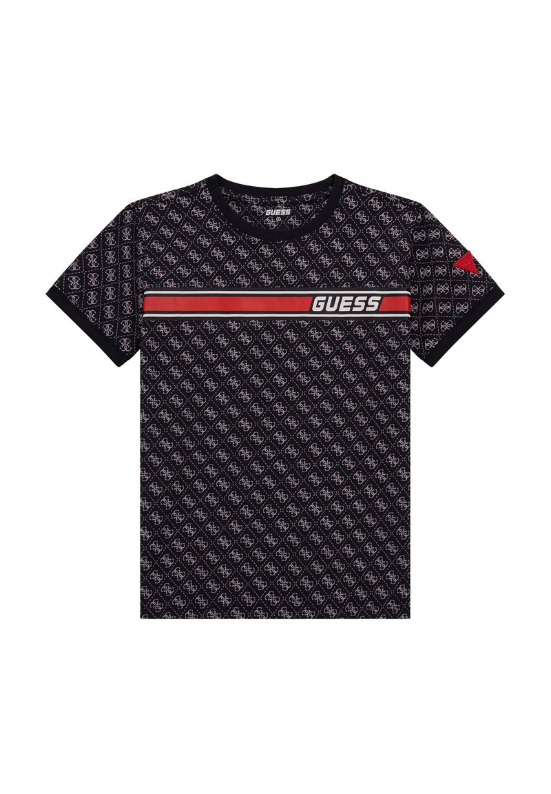 Svart kortärmad t-shirt med ett mönster av logotyper över hela ytan, röd och vit rand med texten "GUESS" samt en liten röd detalj på ärmen.