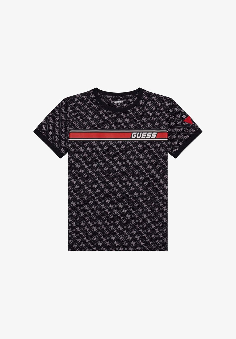 Black short-sleeve t-shirt with an all-over logo pattern, red and white striped band with "GUESS" text, and a small red accent on the sleeve.