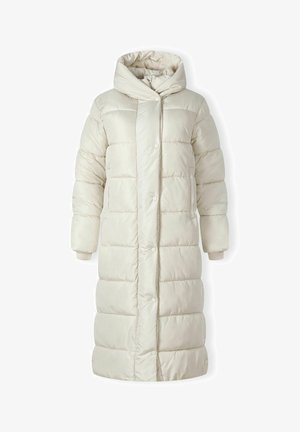 Cappotto lungo imbottito in beige chiaro con cappuccio, dotato di chiusura a bottoni a pressione, polsini a coste e texture trapuntata su tutta la superficie.