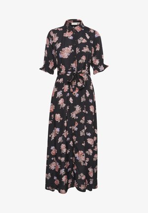 Blomsterkjole i midi-lengde i svart stoff, med korte ermer, krage, knappåpning foran, knytebelte i livet og et blomsterprint i rosa og blå nyanser.