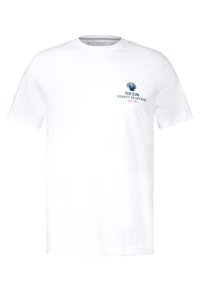 Bílý bavlněný tričko s modrou grafikou mušle a textem "BLUE CLAM FINEST SEAFOOD" v námořnické modré a růžové barvě. Klasický design s kulatým výstřihem.