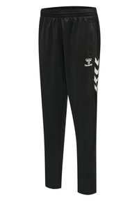 Svarta träningsbyxor gjorda av ett slätt, lätt tyg. Har resårmidja och detaljer i vit chevronlogotyp på sidan.