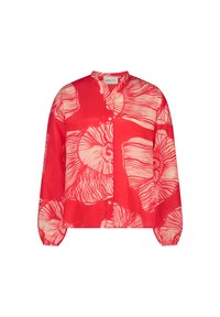 Rote Bluse mit floralem Muster in Creme, langen Ärmeln, Knopfleiste und einem lockeren Schnitt. Hergestellt aus leichtem Stoff.