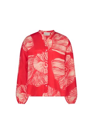Red floral blouse with cream abstract flower pattern, long sleeves, button-up front, and a relaxed fit. Made from lightweight fabric.