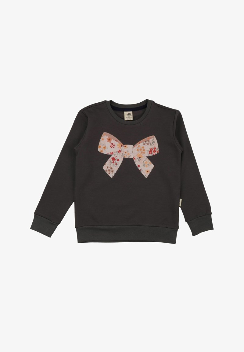 Dark gray sweatshirt with long sleeves, featuring a large, floral-patterned bow graphic in pink, orange, and red on the front. Soft texture.