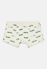 Boksershorts i kremfarge med grønt alligatormønster; mykt bomullsmateriale, elastisk midjebånd, lengde til midt på låret, og sydd detaljer.