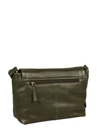 Borsa a tracolla in pelle verde scuro con pattina pieghevole, superficie texturizzata, tasca frontale con zip e tracolla regolabile.