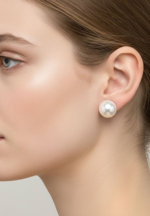 Perlenstecker-Ohrringe mit einer glatten, glänzenden Oberfläche. Runde Form und cremefarbig, vor einem neutralen Hautton. Schlichtes Design.