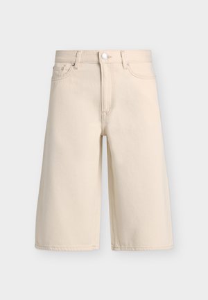 Beige knee-length denim shorts with front button and zipper, belt loops, and five-pocket styling.