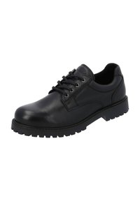 Schwarzer Lederschuh mit glänzender Oberfläche, runder Spitze, Schnürdesign und einer dickeren, strukturierten Gummisohle für besseren Halt.