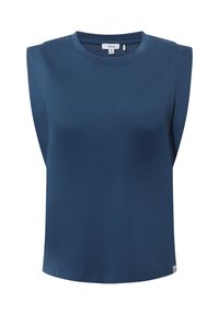 Sleeveless dark blue crew neck top with wide shoulder straps, straight hem, and small white brand tag near bottom.