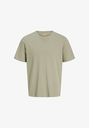 Světle olivově zelené bavlněné tričko s krátkými rukávy a kulatým výstřihem. Jednoduchý design, hladká textura a rovný lem.