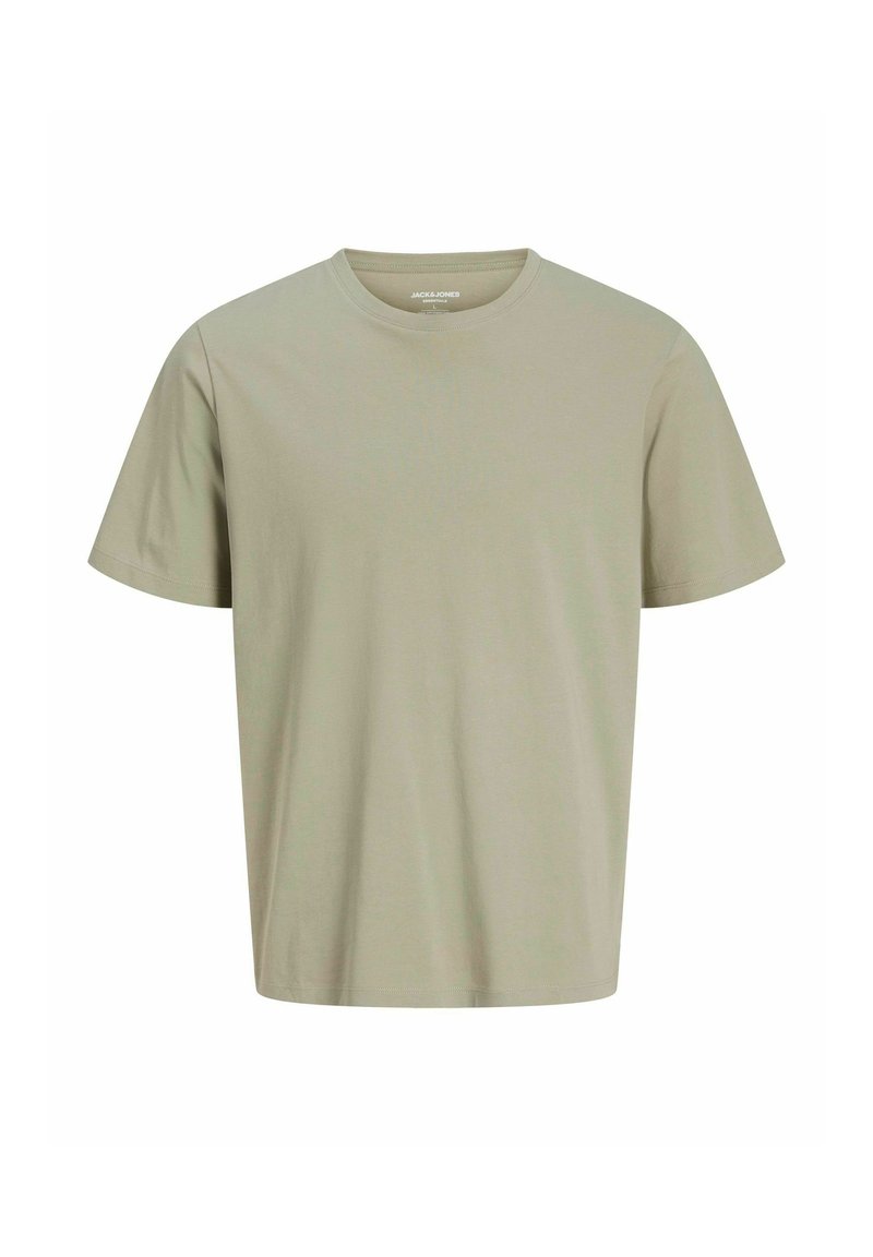 Helles olivengrünes Baumwoll-T-Shirt mit kurzen Ärmeln und Rundhalsausschnitt. Einfaches Design, glatte Textur und gerader Saum.
