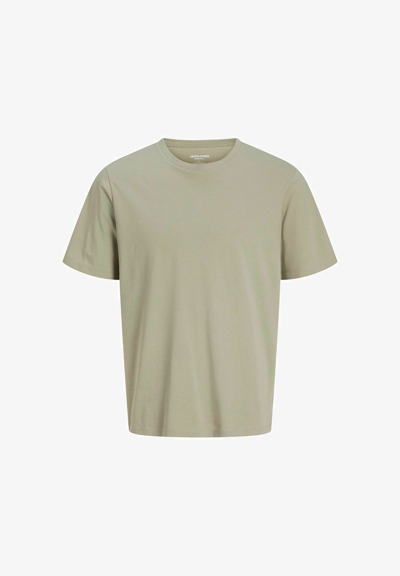 Világos olíva zöld pamut póló rövid ujjakkal és kerek nyakkivágással. Egyszerű dizájn, sima textúra és egyenes alj.