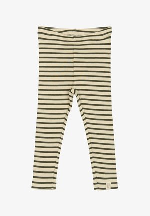 Ribbed leggings featuring alternating olive green and cream horizontal stripes, with a small label at the waistband and a fitted design.