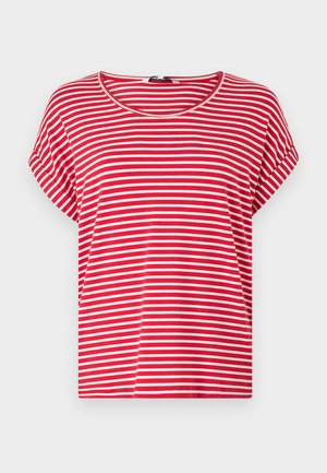 Red and white striped t-shirt made of soft cotton. Features a round neck and short sleeves with a loose, relaxed fit.