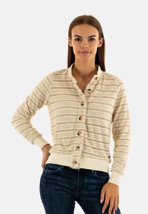 Cardigan a rayas en crema y beige con un cierre frontal de botones, puños y dobladillo acanalados. Textura suave y detalles de botones naturales.
