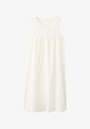 Robe blanche en coton sans manches avec encolure ronde, patte de boutonnage à quatre boutons sur le devant et coupe ample jusqu'aux genoux.
