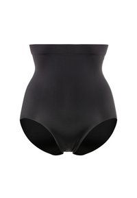 Faja negra de cintura alta, textura suave, diseño sin costuras, cobertura completa en la parte posterior, material elástico, sin costuras ni accesorios visibles.