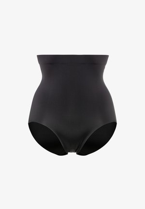 Shapewear noir taille haute, texture lisse, design sans coutures, couverture complète à l'arrière, matériau extensible, sans coutures ni pièces visibles.