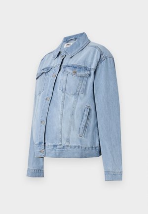 Helleblaue Denimjacke mit klassischem Design, ausgestattet mit zwei Brusttaschen, Frontknöpfen und einem leicht gekürzten Saum.