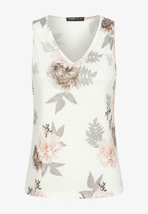 Blomstrete tank topp med V-hals. Laget av lett stoff, med store rosa og grå pæontrykk med grønne bladdetaljer.