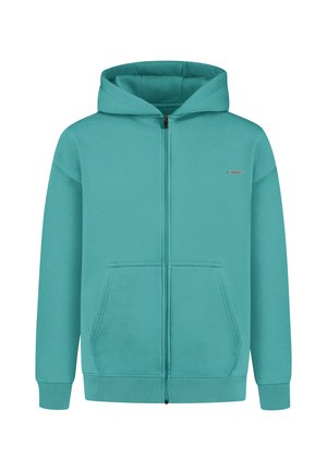 Türkiser Reißverschluss-Hoodie aus weichem Stoff, mit einem Frontreißverschluss, zwei vorderen Taschen und gerippten Bündchen sowie Saum.