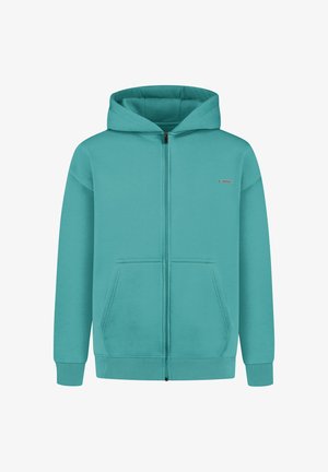 Türkiser Reißverschluss-Hoodie aus weichem Stoff, mit einem Frontreißverschluss, zwei vorderen Taschen und gerippten Bündchen sowie Saum.