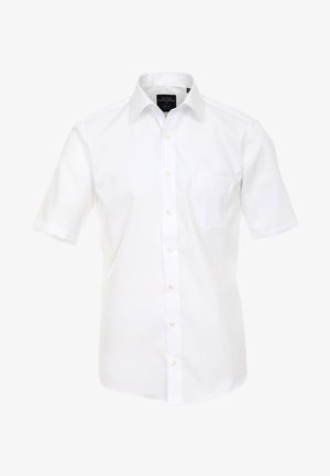 White short-sleeved shirt made of smooth fabric, featuring a button-up front, pointed collar, and a small chest pocket on the left side.