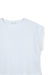 T-shirt di cotone azzurro chiaro, a maniche corte, con scollo rotondo e spalle scese. Texture liscia, etichetta all'interno del colletto. Taglia S.