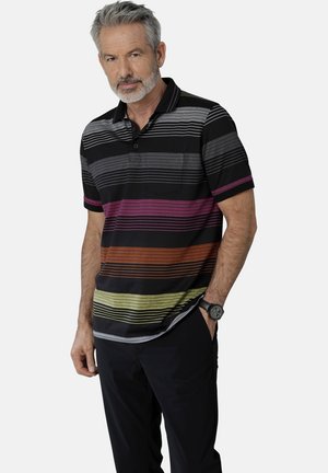 Black striped polo shirt featuring multi-colored horizontal stripes in pink, orange, green, and gray; short sleeves and a chest pocket.