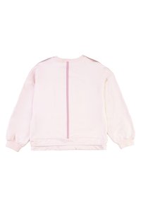 Sweatshirt rosa chiaro a maniche lunghe con una cucitura verticale di un rosa più scuro che corre lungo il centro della schiena e polsini a costine.