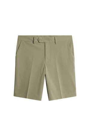 Khaki shorts made of cotton blend, featuring a standard waistband, front pockets, and a straight cut, with subtle texture and stitching details.