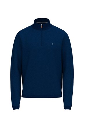 Marineblauer Langarm-Pullover mit Halbreißverschluss am Kragen, gerippten Bündchen und Saum sowie kleinem, gesticktem Baumlogo auf der linken Brust.