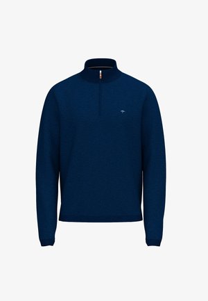 Navy blue long-sleeve sweater with half-zip collar, ribbed cuffs and hem, and small embroidered tree logo on the left chest.