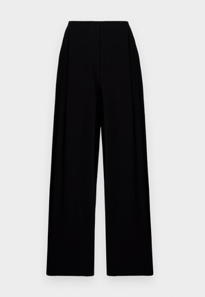 Zwarte wijde broek met hoge taille, met een gladde textuur en strakke lijnen. Geen zichtbare sluitingen of patronen.